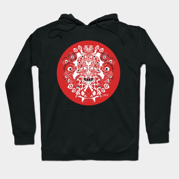 crimson skull in tree of life ecopop in zentangle totonac patterns Hoodie by jorge_lebeau